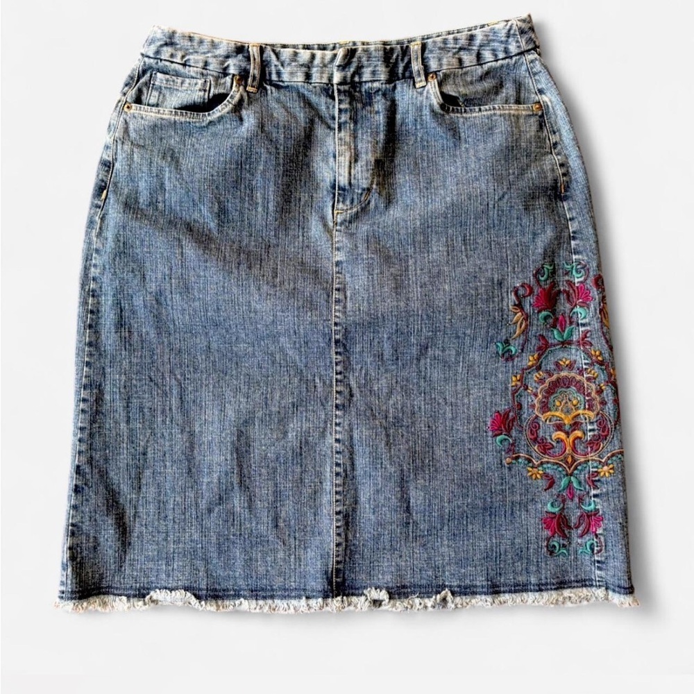 Kate Hill Blue Denim Pencil Skirt with Embroidery